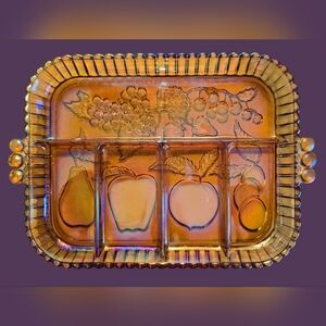 Indiana Carnival Glass "Fruits" Divided Relish Tray, Vintage